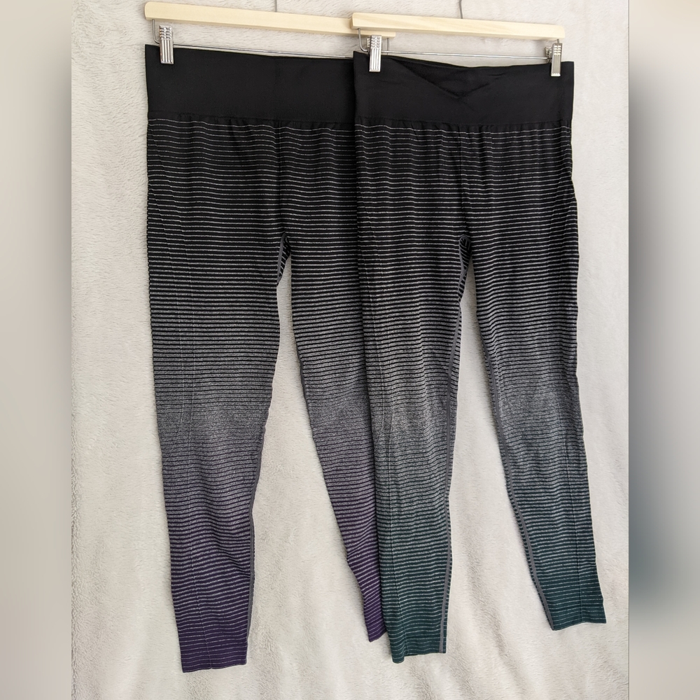 Lot of 2: Marika Leggings, Large, Striped Ombre Green and Purple, Ribbed Waist